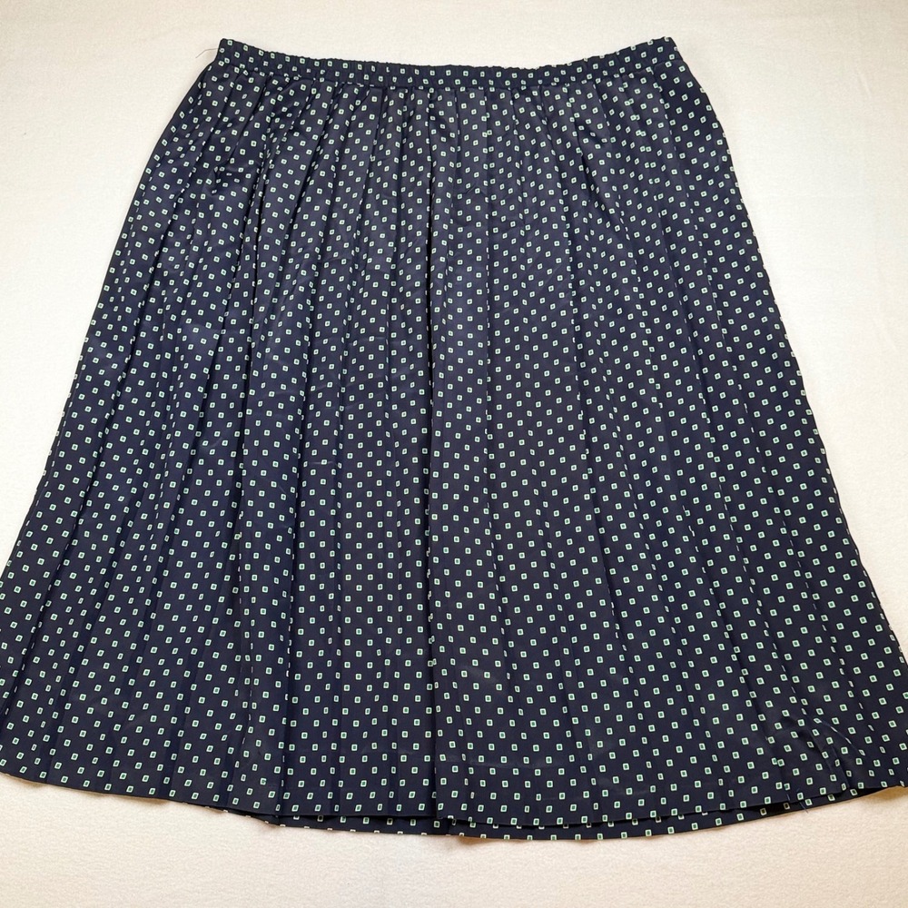 Leslie Fay Vintage Pleated Midi Skirt Navy Blue Green Geometric Square Print